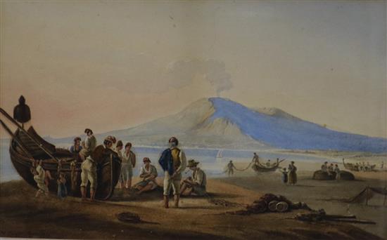Michelangelo Pacetti (Italian, 1793-1855), watercolour, The Bay of Naples with figures and boats on the shore, signed, dated Roma 1839